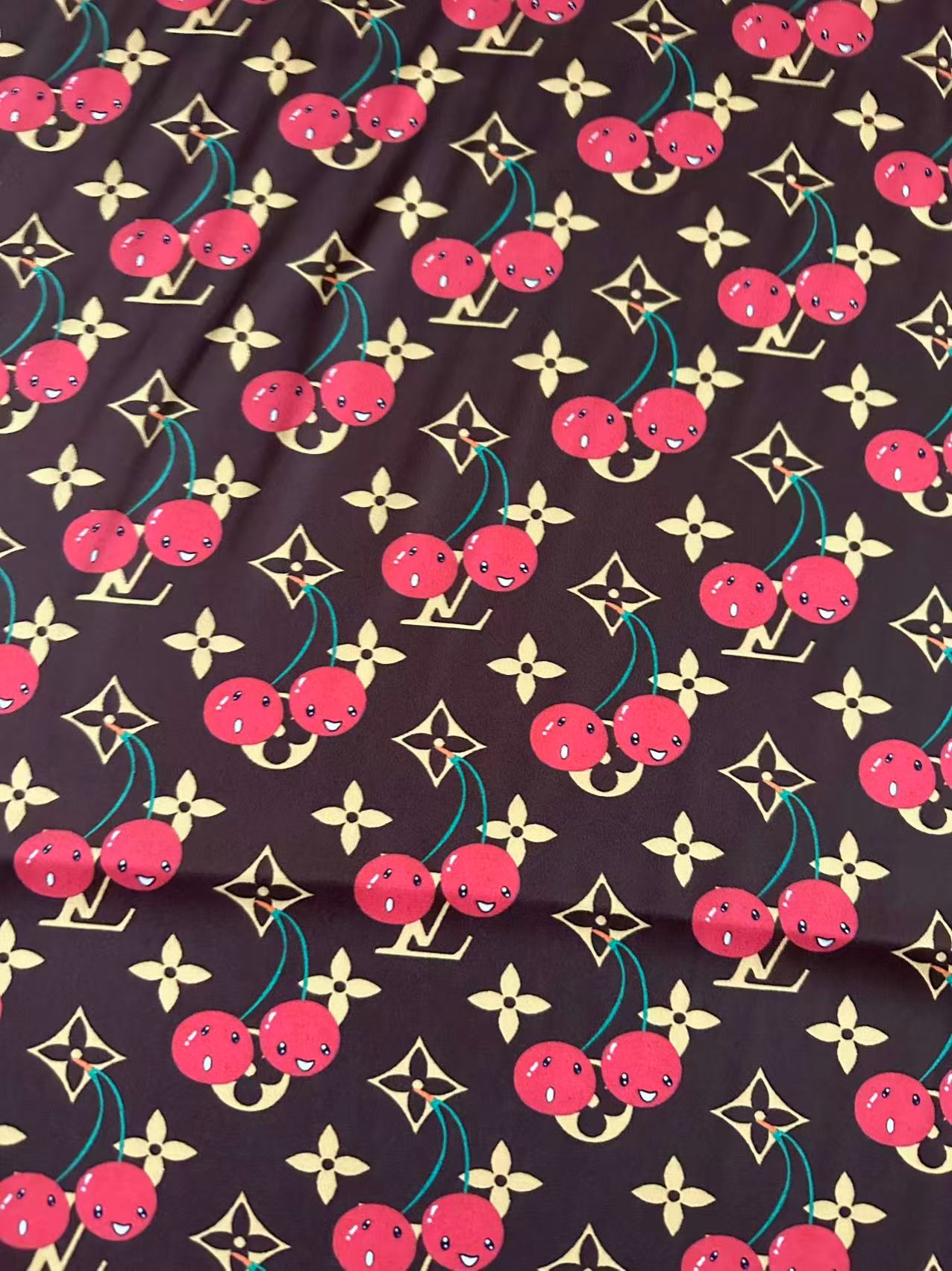 Craft  Brown LV With Cherry Silk Printing Cloth Fabric For Handmade Handicraft Goods By Yard