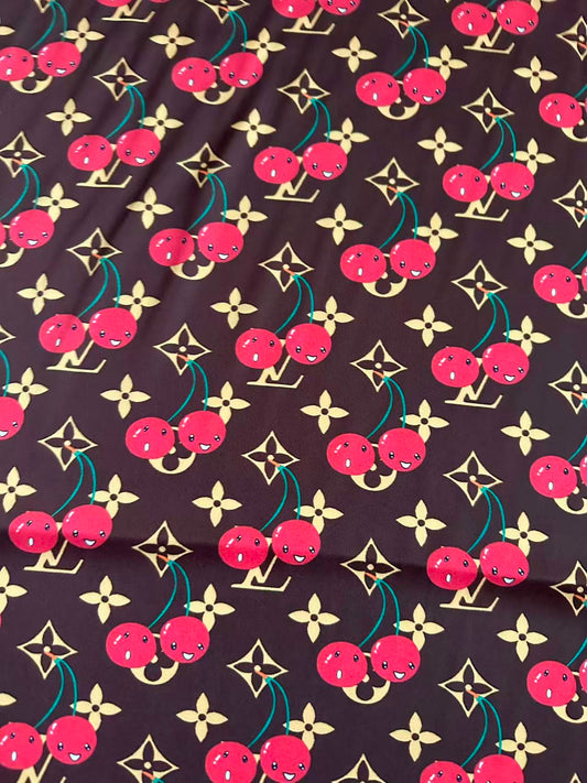 Craft  Brown LV With Cherry Silk Printing Cloth Fabric For Handmade Handicraft Goods By Yard