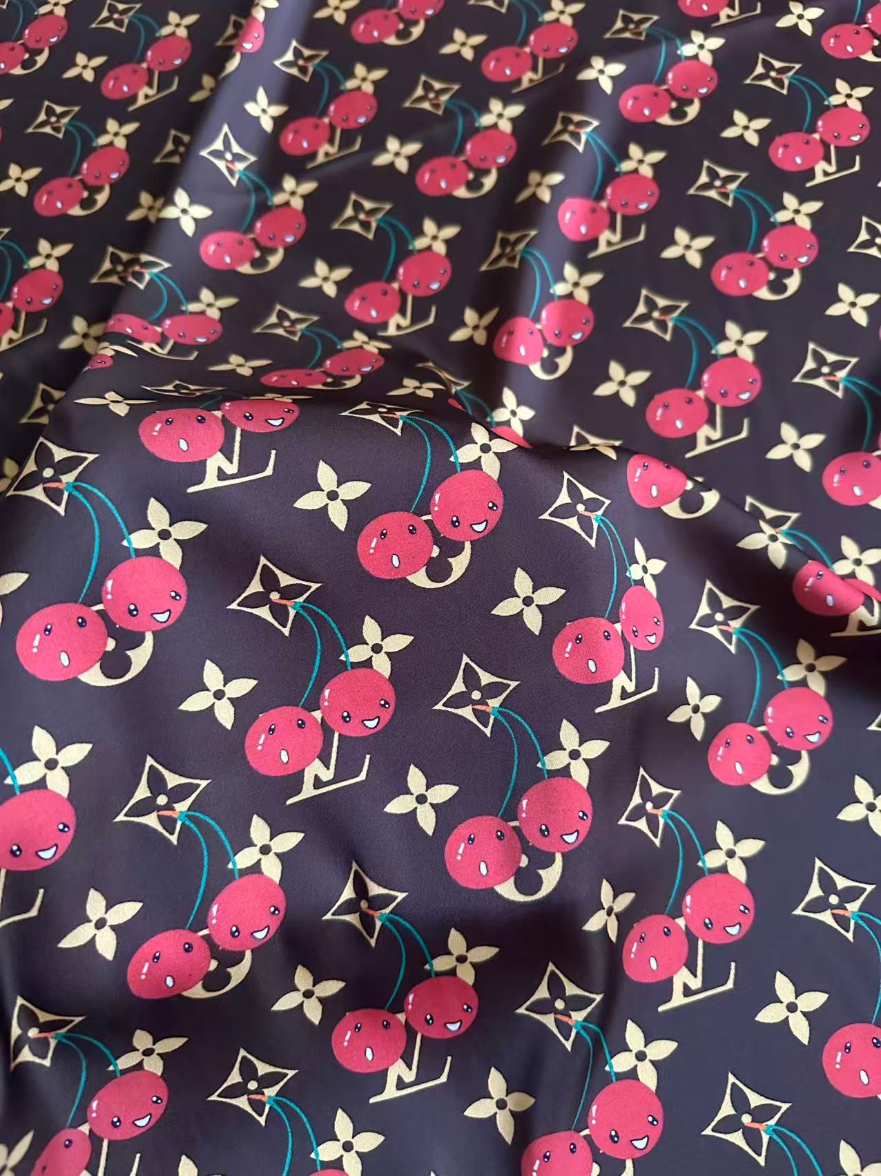 Craft  Brown LV With Cherry Silk Printing Cloth Fabric For Handmade Handicraft Goods By Yard