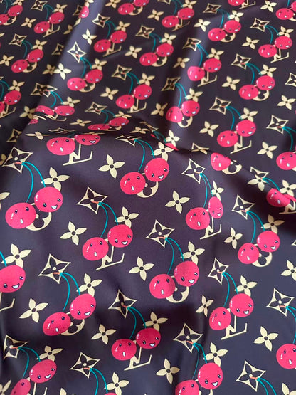 Craft  Brown LV With Cherry Silk Printing Cloth Fabric For Handmade Handicraft Goods By Yard