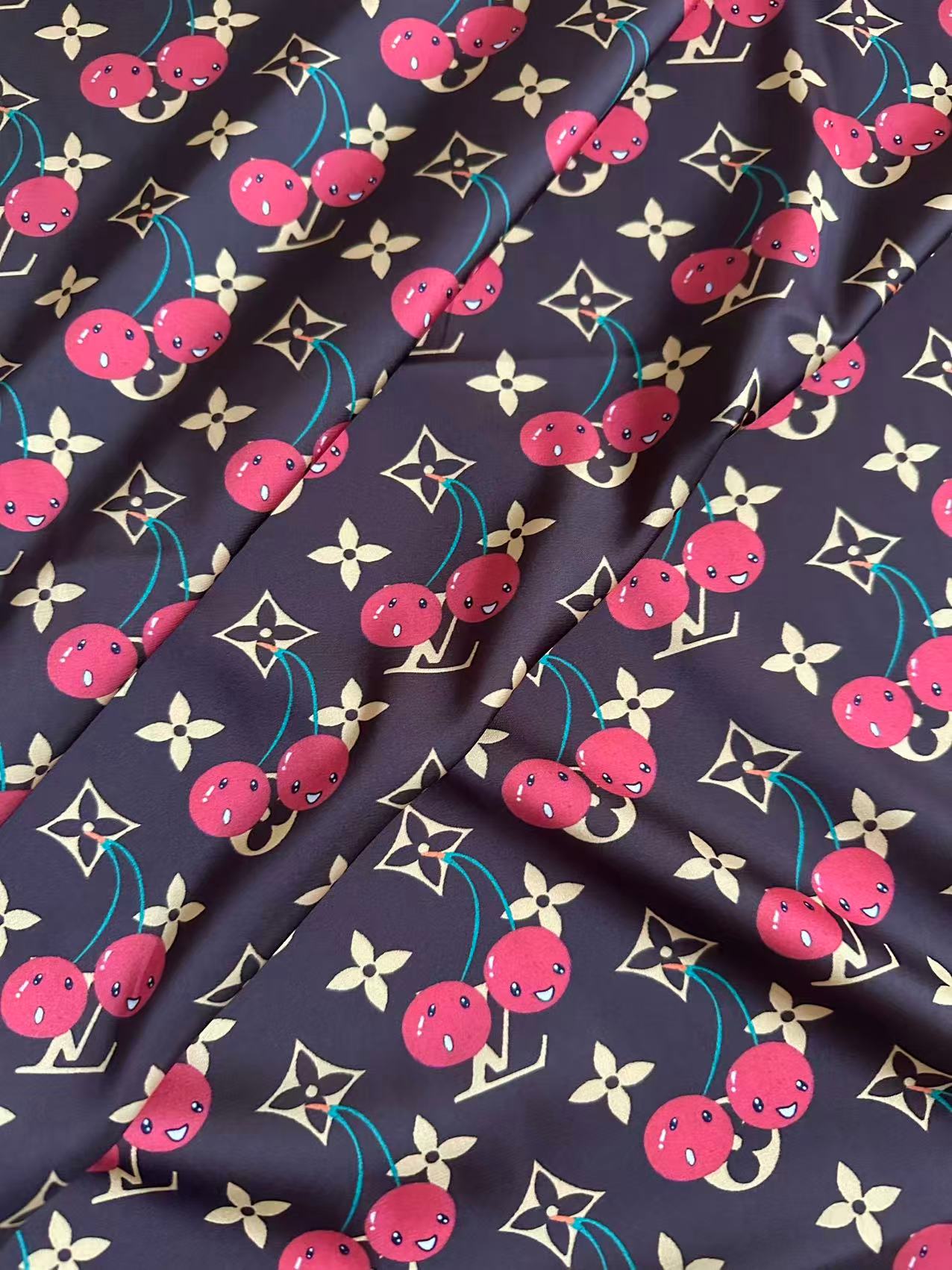 Craft  Brown LV With Cherry Silk Printing Cloth Fabric For Handmade Handicraft Goods By Yard
