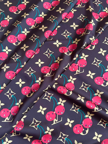 Craft  Brown LV With Cherry Silk Printing Cloth Fabric For Handmade Handicraft Goods By Yard