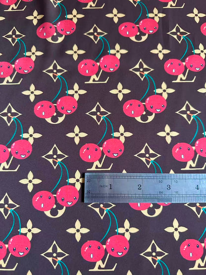 Craft  Brown LV With Cherry Silk Printing Cloth Fabric For Handmade Handicraft Goods By Yard