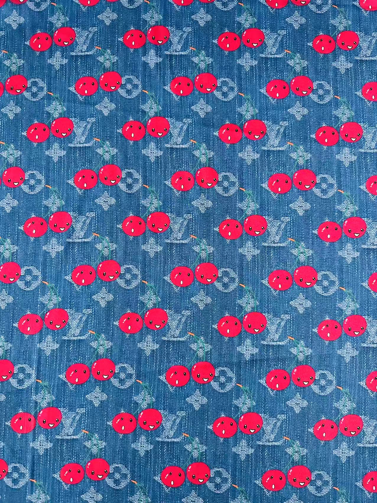 Craft Denim Design LV With Cherry Silk Printing Cloth Fabric For Handmade Handicraft Goods By Yard
