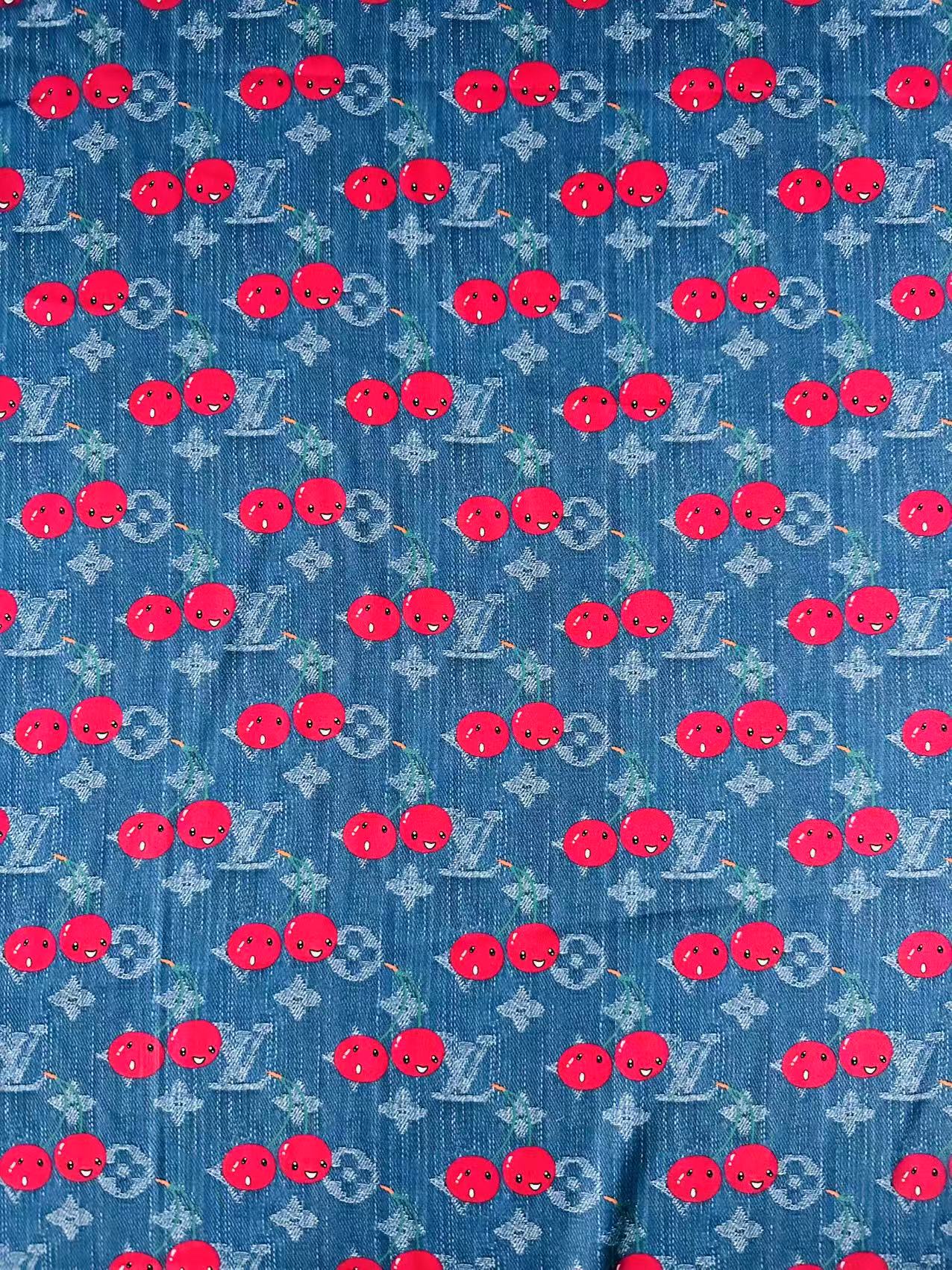 Craft Denim Design LV With Cherry Silk Printing Cloth Fabric For Handmade Handicraft Goods By Yard