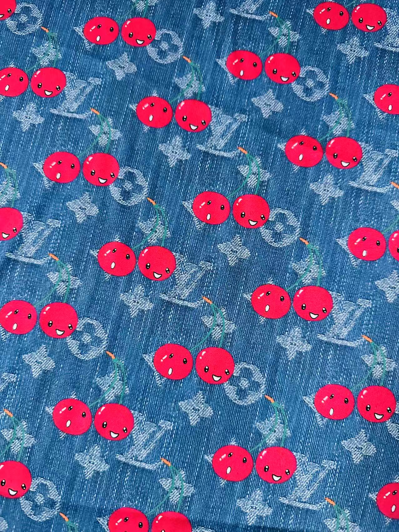 Craft Denim Design LV With Cherry Silk Printing Cloth Fabric For Handmade Handicraft Goods By Yard