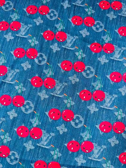 Craft Denim Design LV With Cherry Silk Printing Cloth Fabric For Handmade Handicraft Goods By Yard