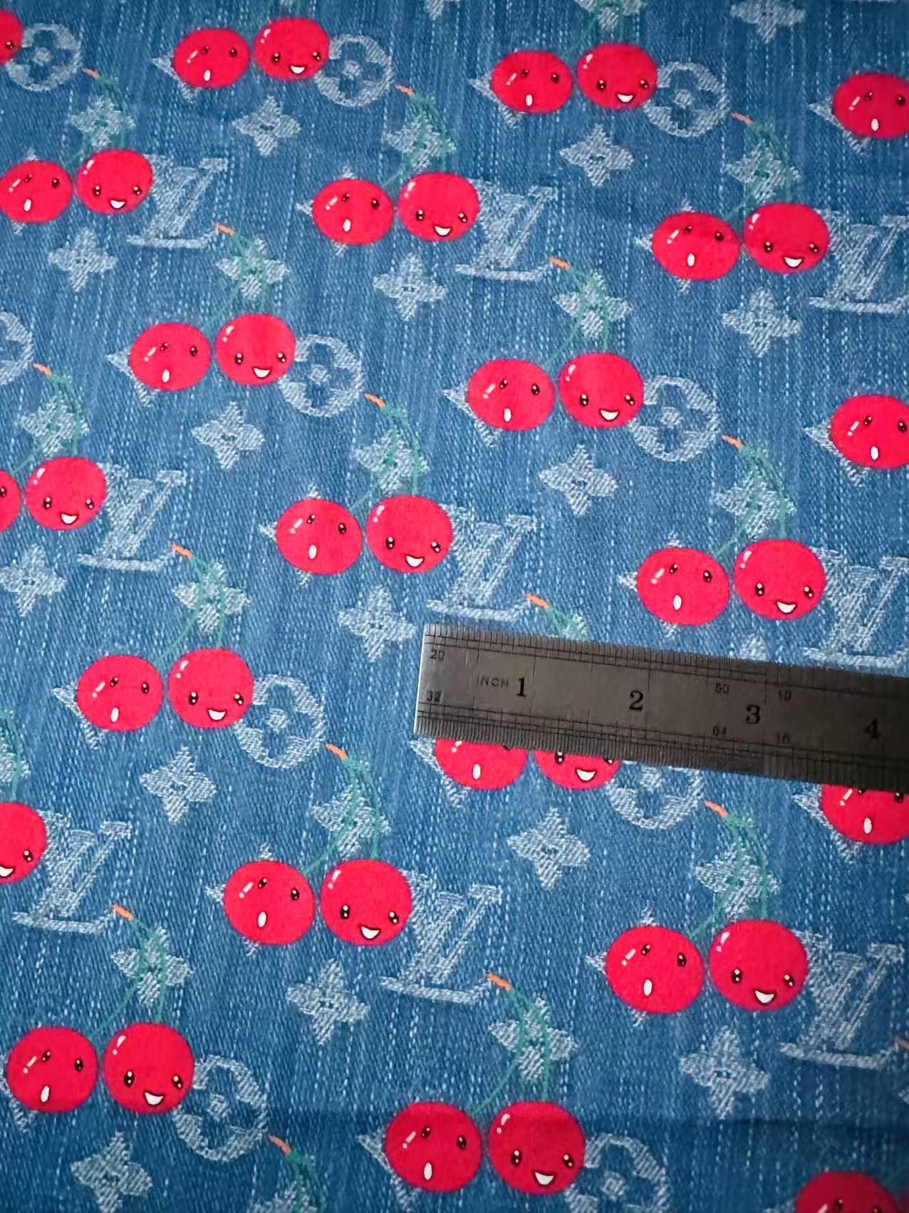 Craft Denim Design LV With Cherry Silk Printing Cloth Fabric For Handmade Handicraft Goods By Yard