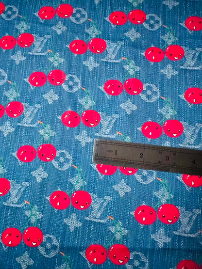 Craft Denim Design LV With Cherry Silk Printing Cloth Fabric For Handmade Handicraft Goods By Yard