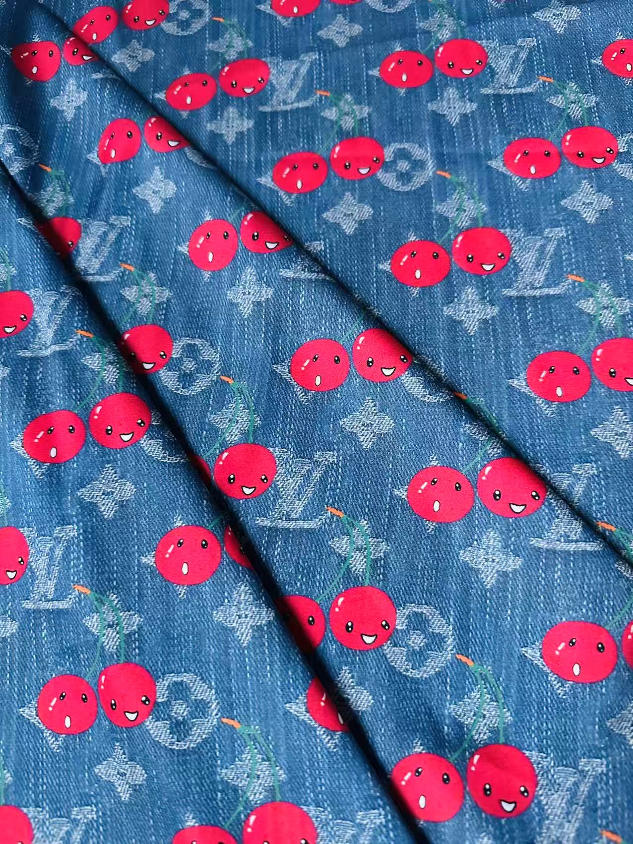 Craft Denim Design LV With Cherry Silk Printing Cloth Fabric For Handmade Handicraft Goods By Yard