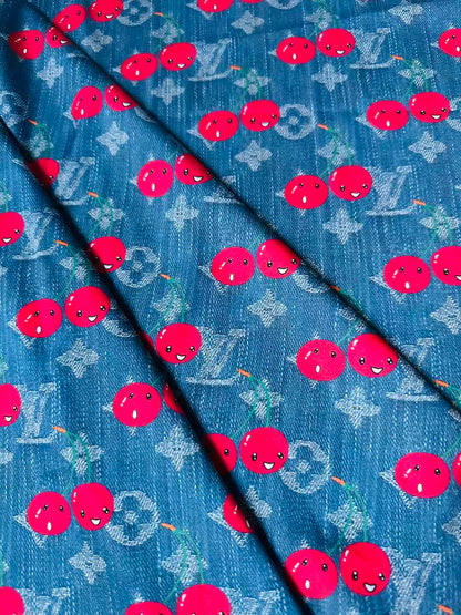 Craft Denim Design LV With Cherry Silk Printing Cloth Fabric For Handmade Handicraft Goods By Yard