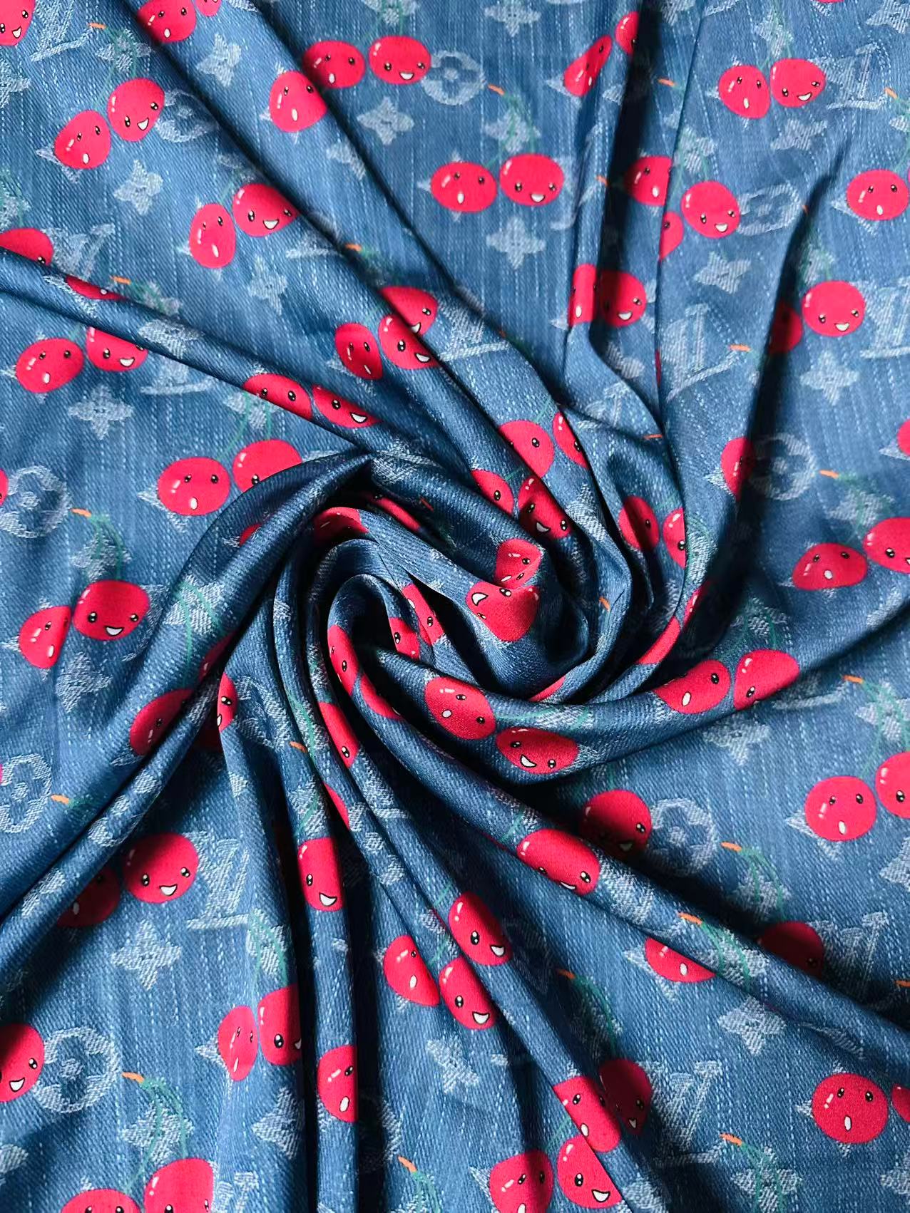 Craft Denim Design LV With Cherry Silk Printing Cloth Fabric For Handmade Handicraft Goods By Yard