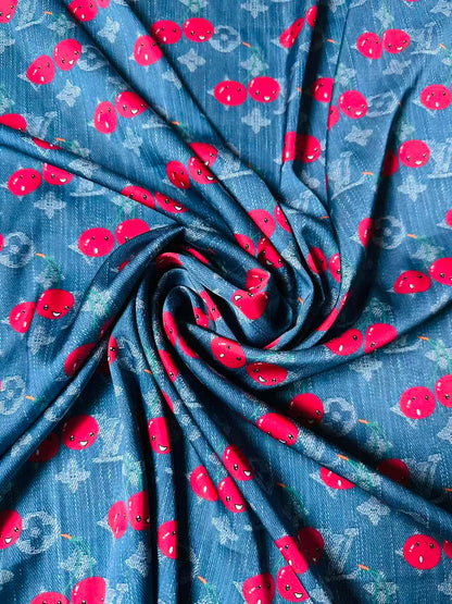 Craft Denim Design LV With Cherry Silk Printing Cloth Fabric For Handmade Handicraft Goods By Yard