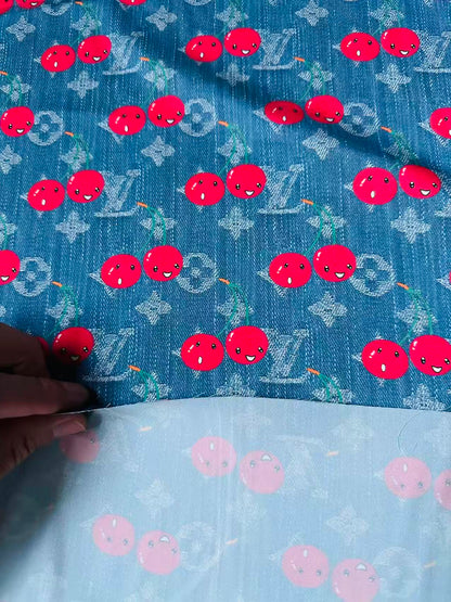 Craft Denim Design LV With Cherry Silk Printing Cloth Fabric For Handmade Handicraft Goods By Yard