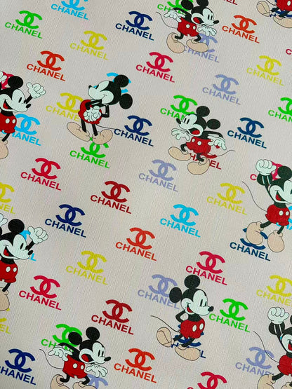Fashion Colorful Chanel With Mickey Mouse Leather Fabric For Handmade Sneaker, Upholstery Goods By Yard