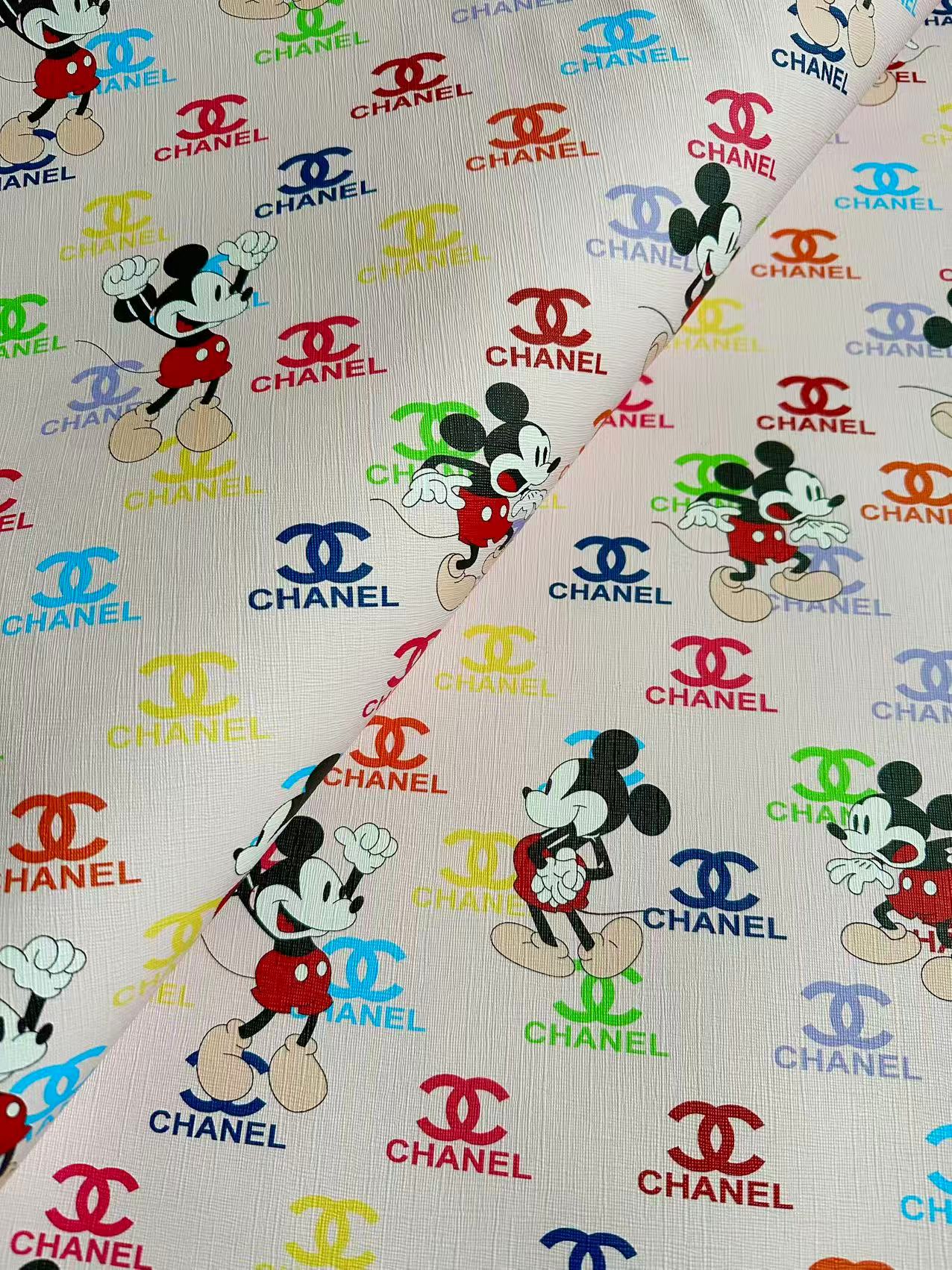 Fashion Colorful Chanel With Mickey Mouse Leather Fabric For Handmade Sneaker, Upholstery Goods By Yard