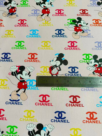 Fashion Colorful Chanel With Mickey Mouse Leather Fabric For Handmade Sneaker, Upholstery Goods By Yard