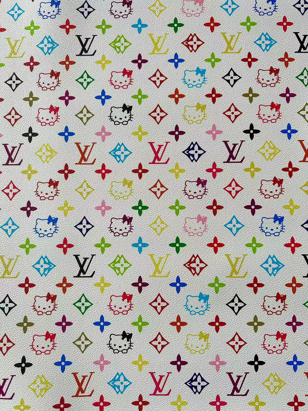 Colorful LV With Hello Kitty Vinyl Leather Fabric For Bag ,shoes ,Handicraft Goods By Yards