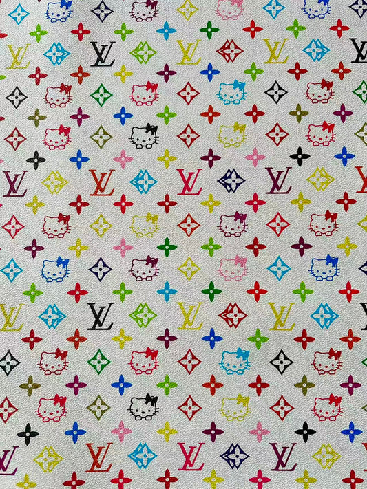 Colorful LV With Hello Kitty Vinyl Leather Fabric For Bag ,shoes ,Handicraft Goods By Yards
