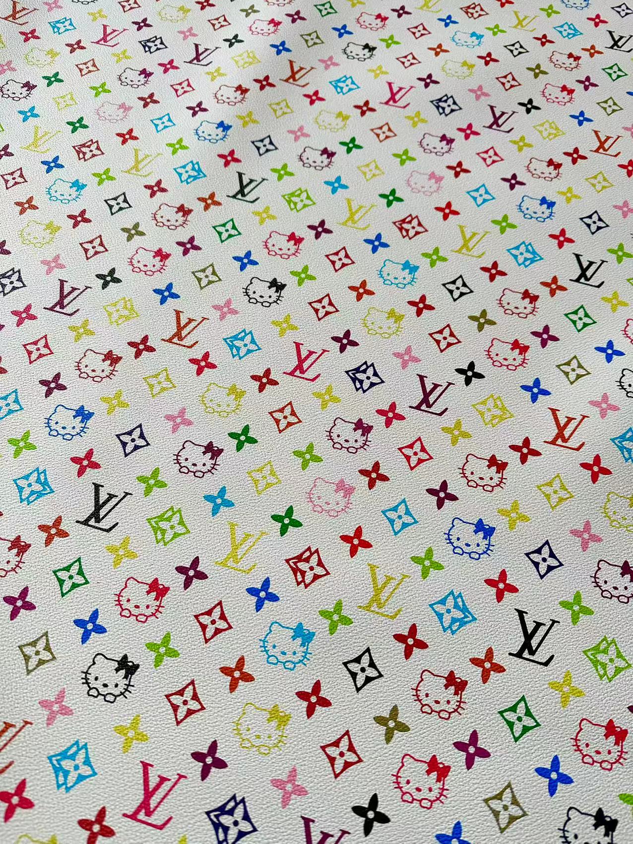 Colorful LV With Hello Kitty Vinyl Leather Fabric For Bag ,shoes ,Handicraft Goods By Yards
