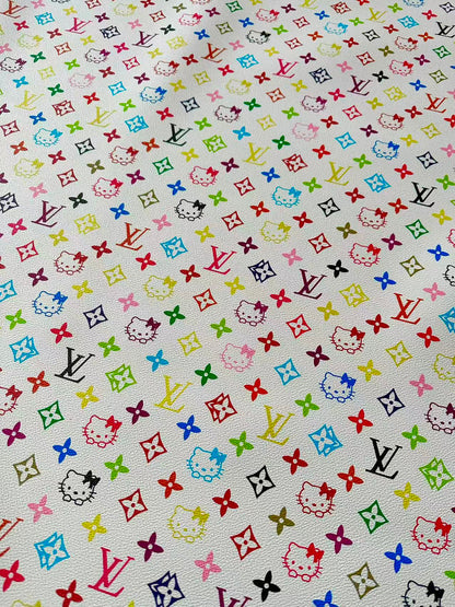 Colorful LV With Hello Kitty Vinyl Leather Fabric For Bag ,shoes ,Handicraft Goods By Yards
