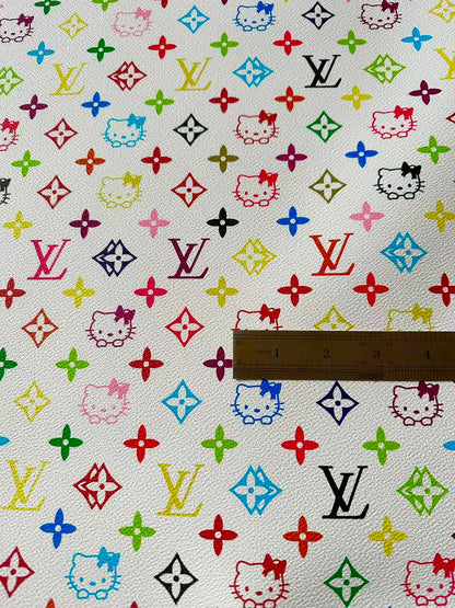 Colorful LV With Hello Kitty Vinyl Leather Fabric For Bag ,shoes ,Handicraft Goods By Yards