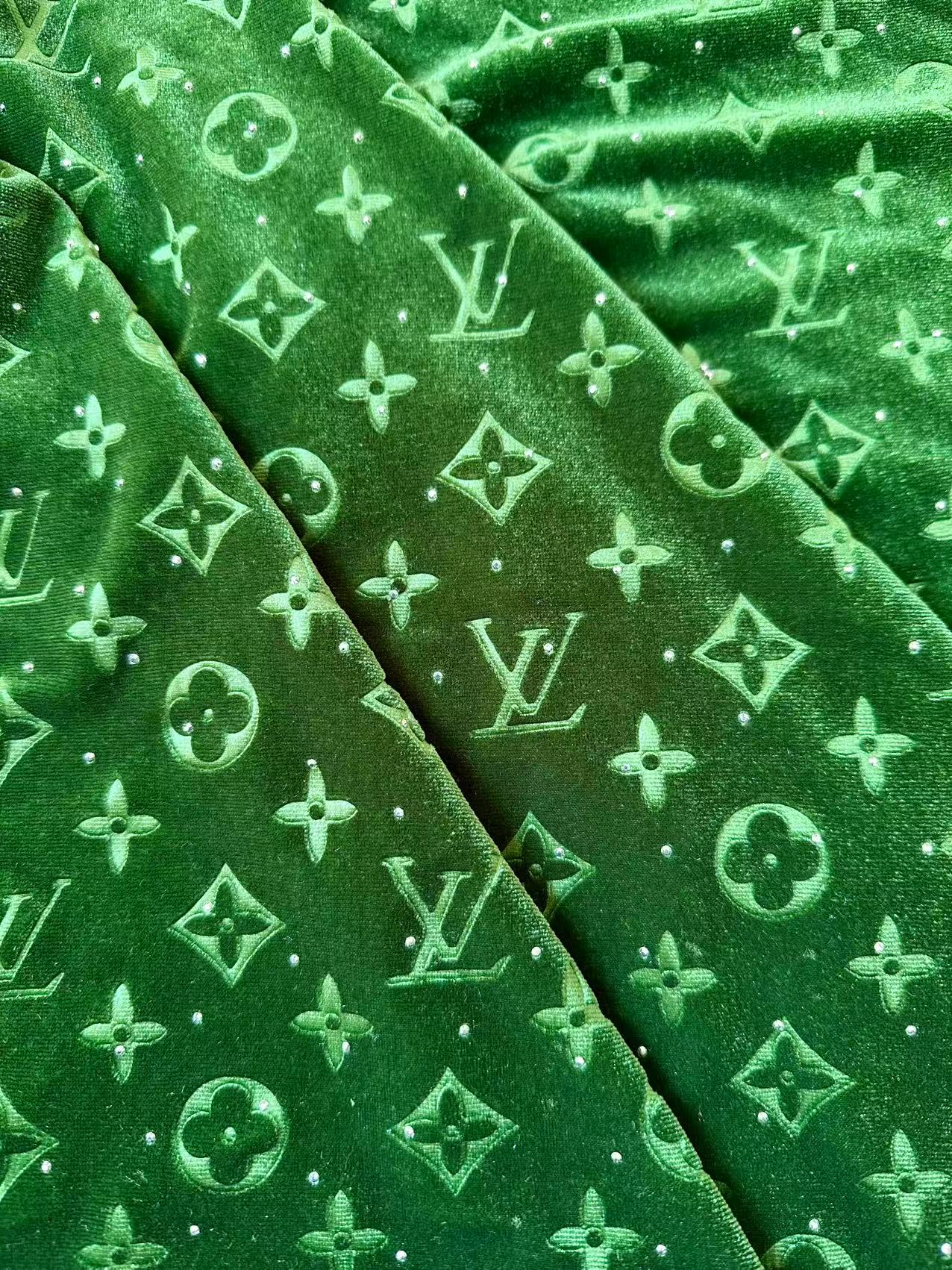Fashion Luxury LV With Diamond Knitting Velvet Fabric For Handmade Sneaker, Upholstery ,Apparel By Yard(Green)