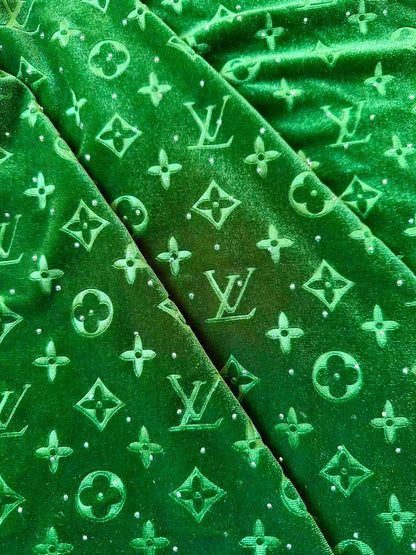 Fashion Luxury LV With Diamond Knitting Velvet Fabric For Handmade Sneaker, Upholstery ,Apparel By Yard(Green)