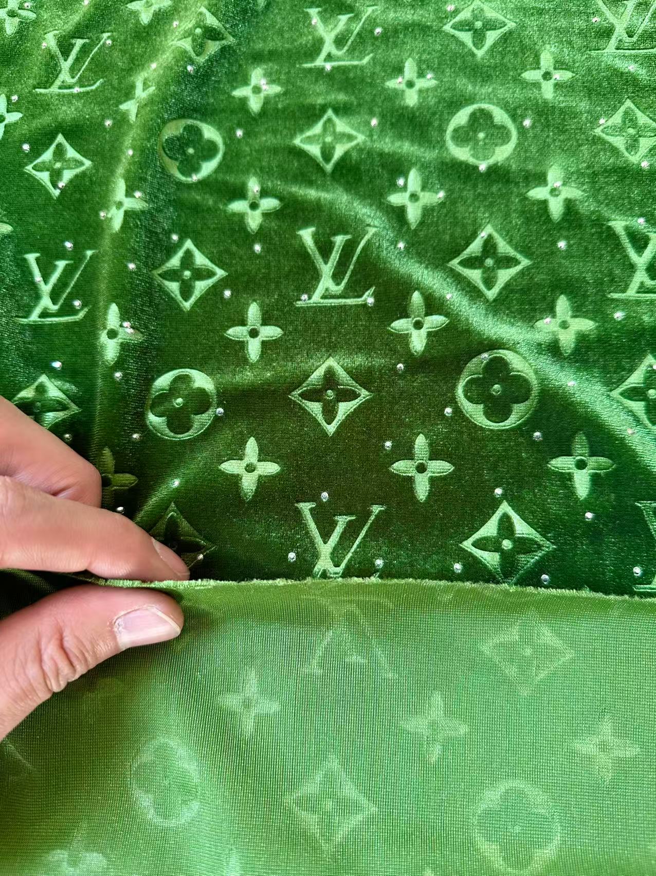 Fashion Luxury LV With Diamond Knitting Velvet Fabric For Handmade Sneaker, Upholstery ,Apparel By Yard(Green)