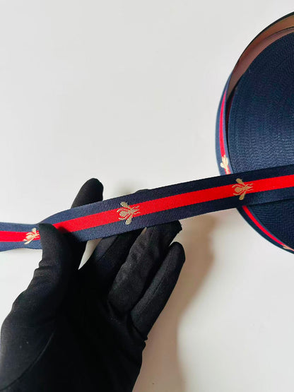 Classic Gucci with Bee Strap ,Handmade Striped Ribbon Trim with Bee Embroidered For shoes ,Bags ,Handicrafts By Yard (Navy Blue with Red )