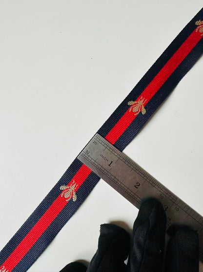 Classic Gucci with Bee Strap ,Handmade Striped Ribbon Trim with Bee Embroidered For shoes ,Bags ,Handicrafts By Yard (Navy Blue with Red )