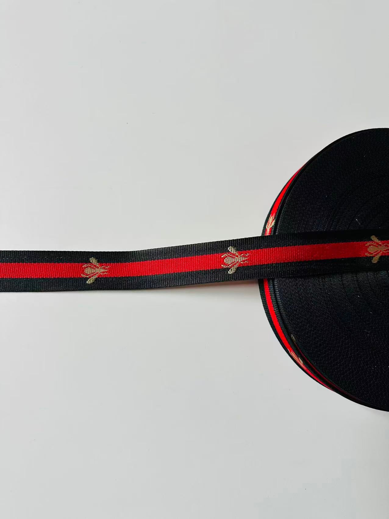 Classic Gucci with Bee Strap ,Handmade Striped Ribbon Trim with Bee Embroidered For shoes ,Bags ,Handicrafts By Yard (Black with Red )