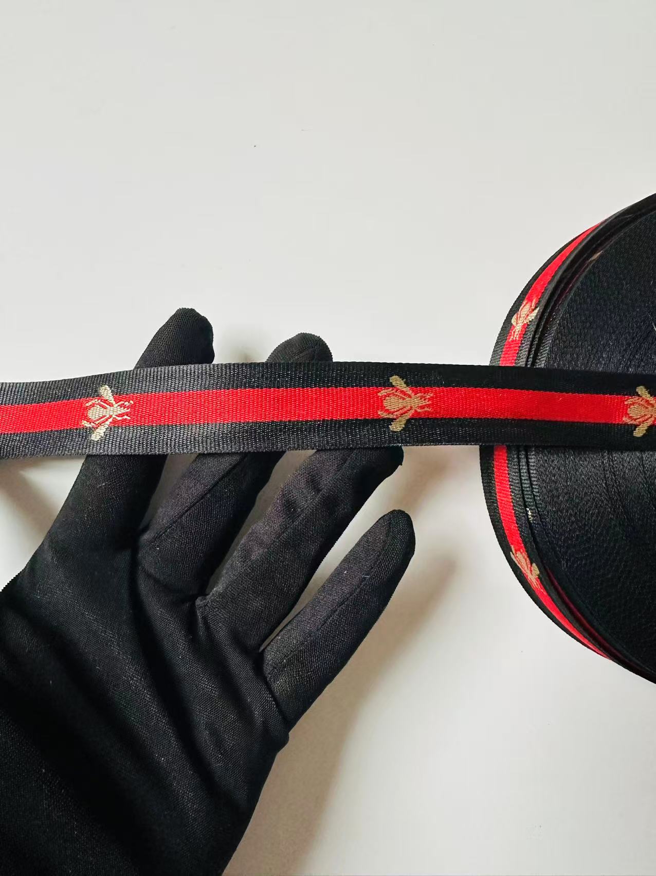 Classic Gucci with Bee Strap ,Handmade Striped Ribbon Trim with Bee Embroidered For shoes ,Bags ,Handicrafts By Yard (Black with Red )