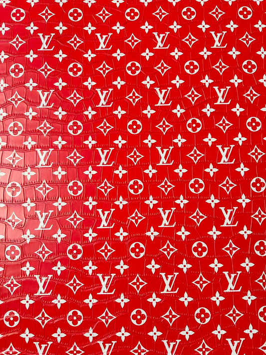 Craft LV Crocodile Texture Alligator Leather Fabric For Handmade Sneaker, Bag Upholstery Goods By Yard (Red)