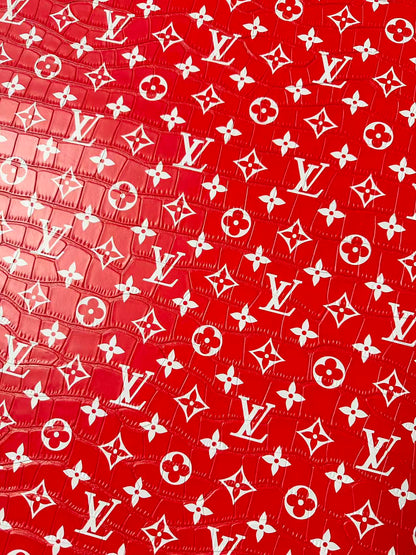 Craft LV Crocodile Texture Alligator Leather Fabric For Handmade Sneaker, Bag Upholstery Goods By Yard (Red)