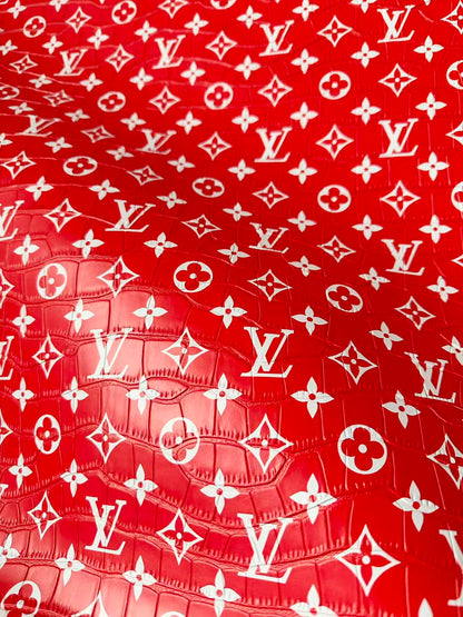 Craft LV Crocodile Texture Alligator Leather Fabric For Handmade Sneaker, Bag Upholstery Goods By Yard (Red)
