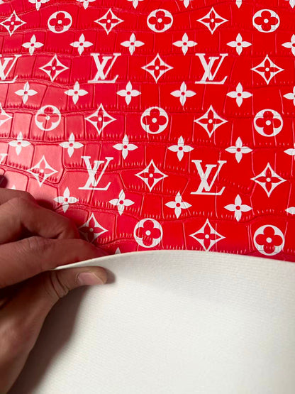 Craft LV Crocodile Texture Alligator Leather Fabric For Handmade Sneaker, Bag Upholstery Goods By Yard (Red)