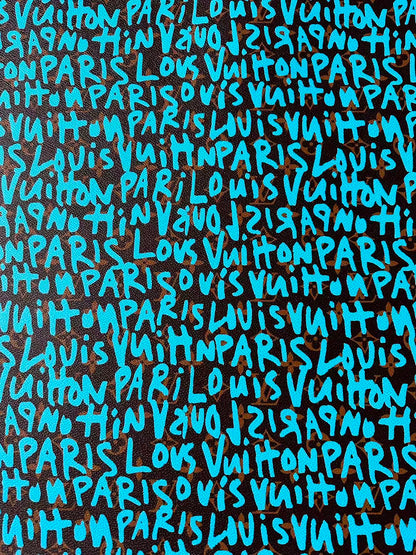 Fashion LV Graffiti Letter Design Vinyl Leather for Handmade Shoes ,Handmade Bags Leather By Yard (Sky Blue)