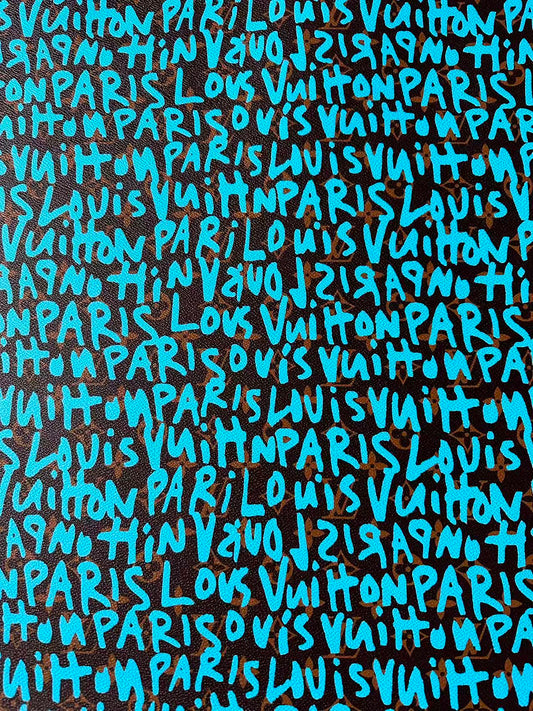 Fashion LV Graffiti Letter Design Vinyl Leather for Handmade Shoes ,Handmade Bags Leather By Yard (Sky Blue)