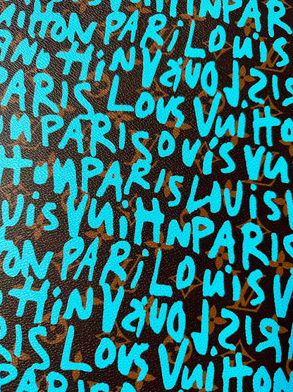 Fashion LV Graffiti Letter Design Vinyl Leather for Handmade Shoes ,Handmade Bags Leather By Yard (Sky Blue)