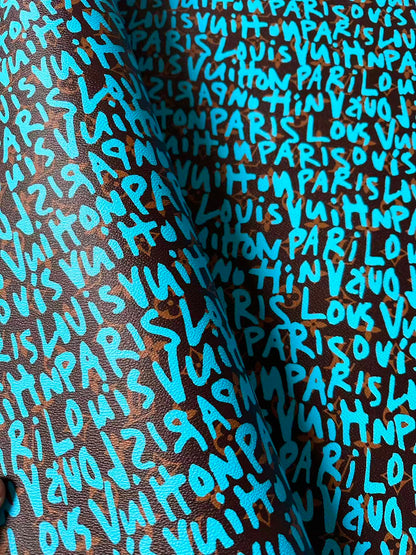 Fashion LV Graffiti Letter Design Vinyl Leather for Handmade Shoes ,Handmade Bags Leather By Yard (Sky Blue)