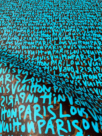 Fashion LV Graffiti Letter Design Vinyl Leather for Handmade Shoes ,Handmade Bags Leather By Yard (Sky Blue)