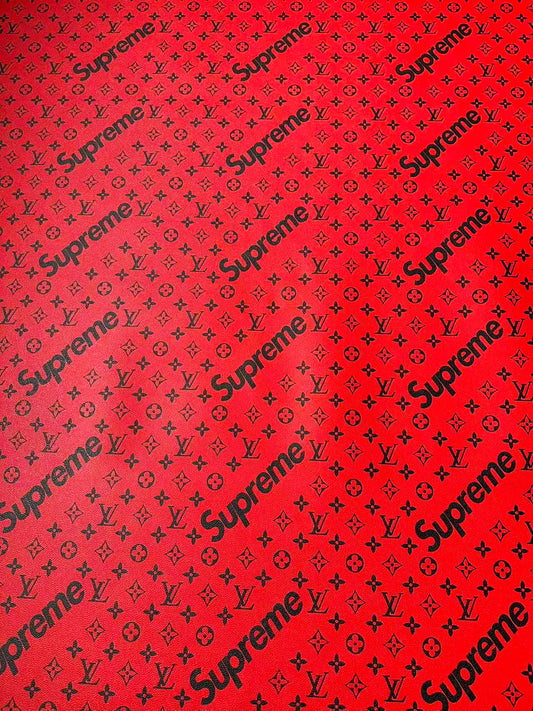 Fashion LV Red With Black Supreme Leather Case Fabric For Handmade Bag, Shoes Goods By Yards