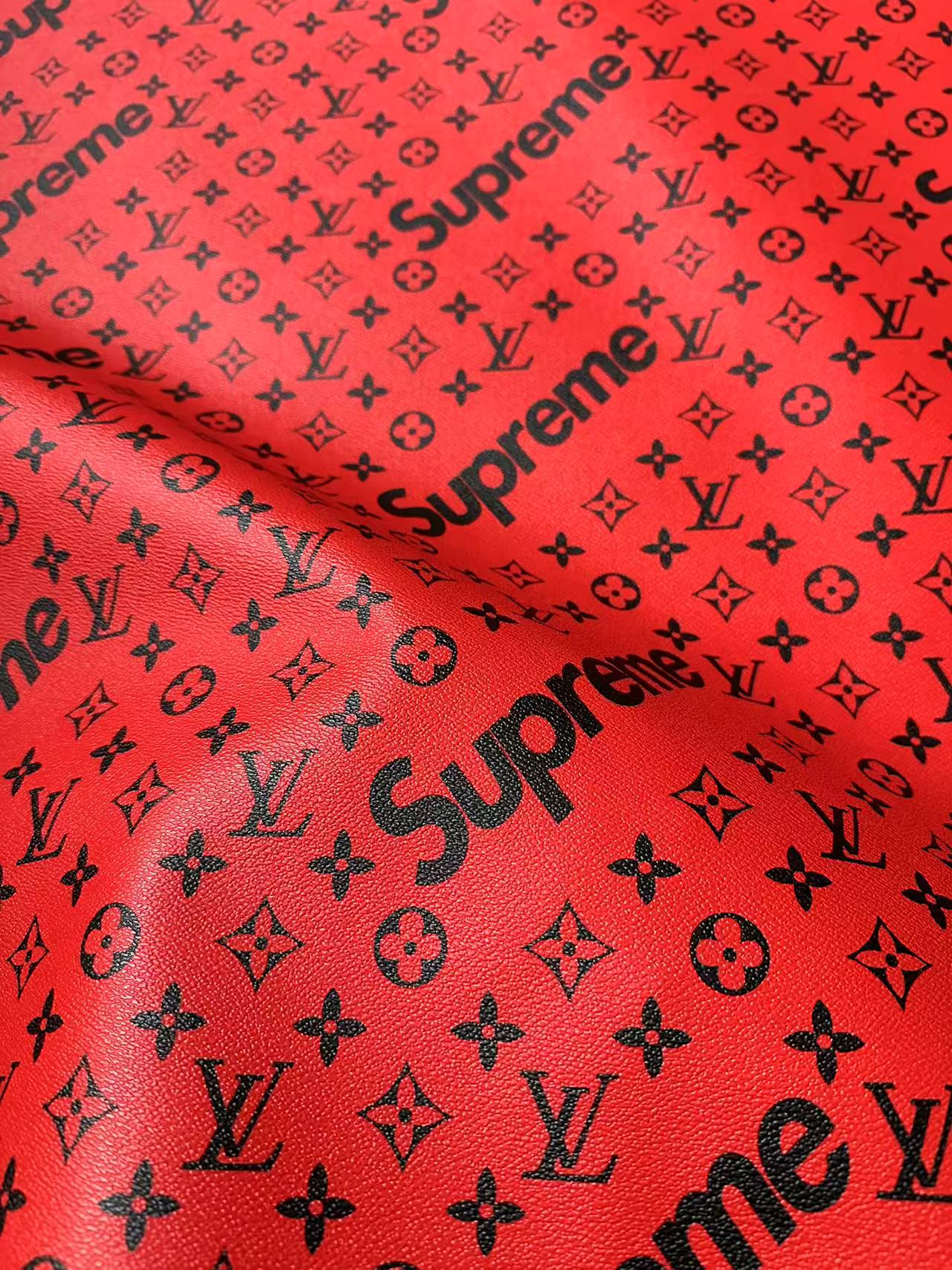 Fashion LV Red With Black Supreme Leather Case Fabric For Handmade Bag, Shoes Goods By Yards