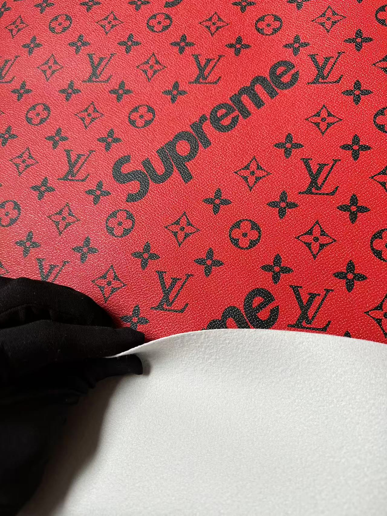 Fashion LV Red With Black Supreme Leather Case Fabric For Handmade Bag, Shoes Goods By Yards