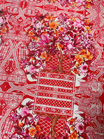 Fashion LV With Red Tree Leather Fabric For Handmade Sneaker, Bag,DIY Gift Goods By Yard