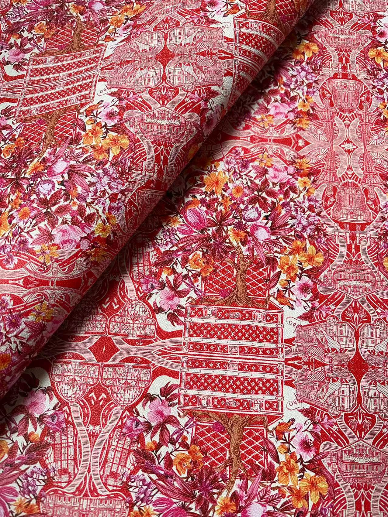 Fashion LV With Red Tree Leather Fabric For Handmade Sneaker, Bag,DIY Gift Goods By Yard