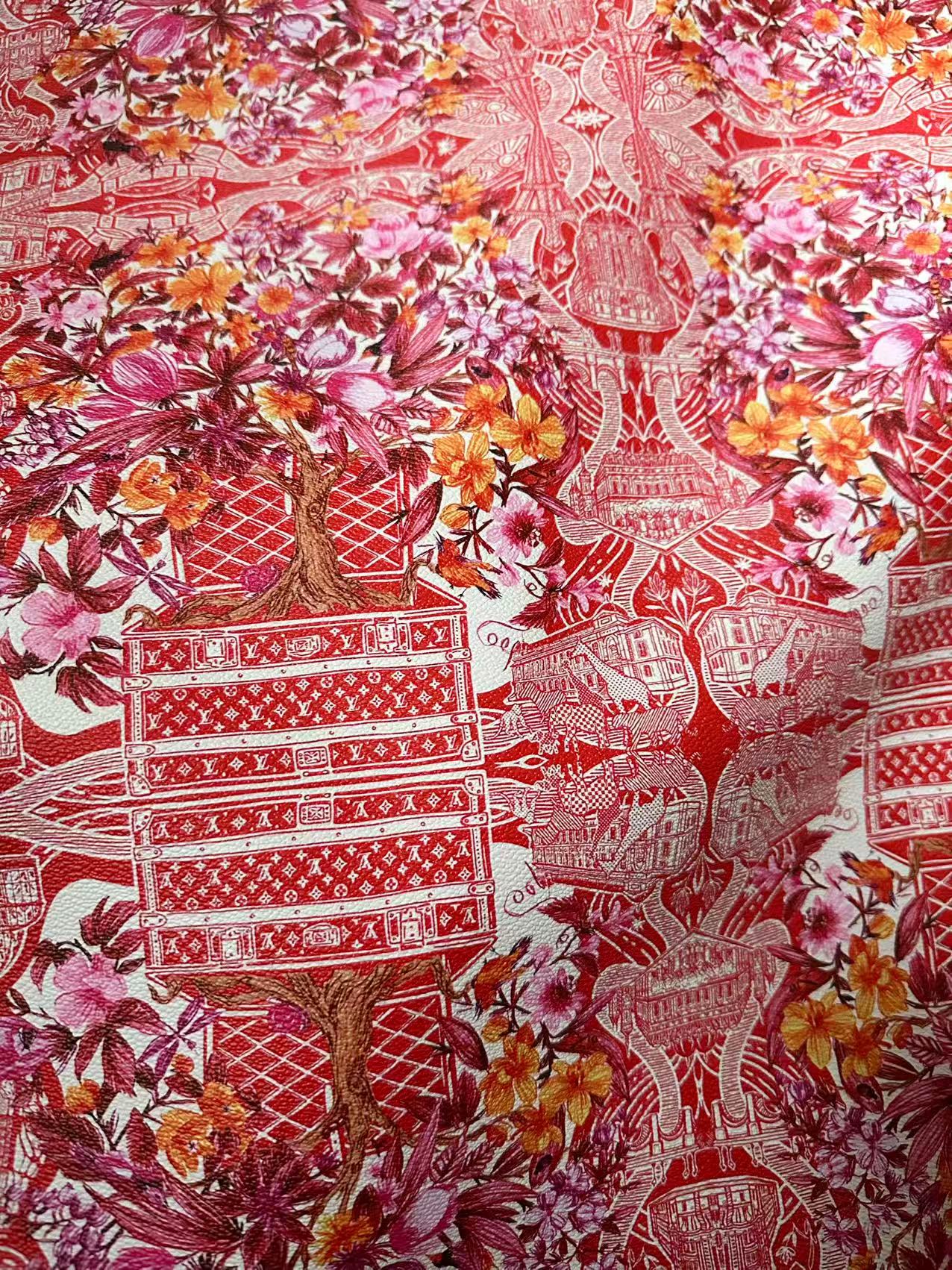 Fashion LV With Red Tree Leather Fabric For Handmade Sneaker, Bag,DIY Gift Goods By Yard