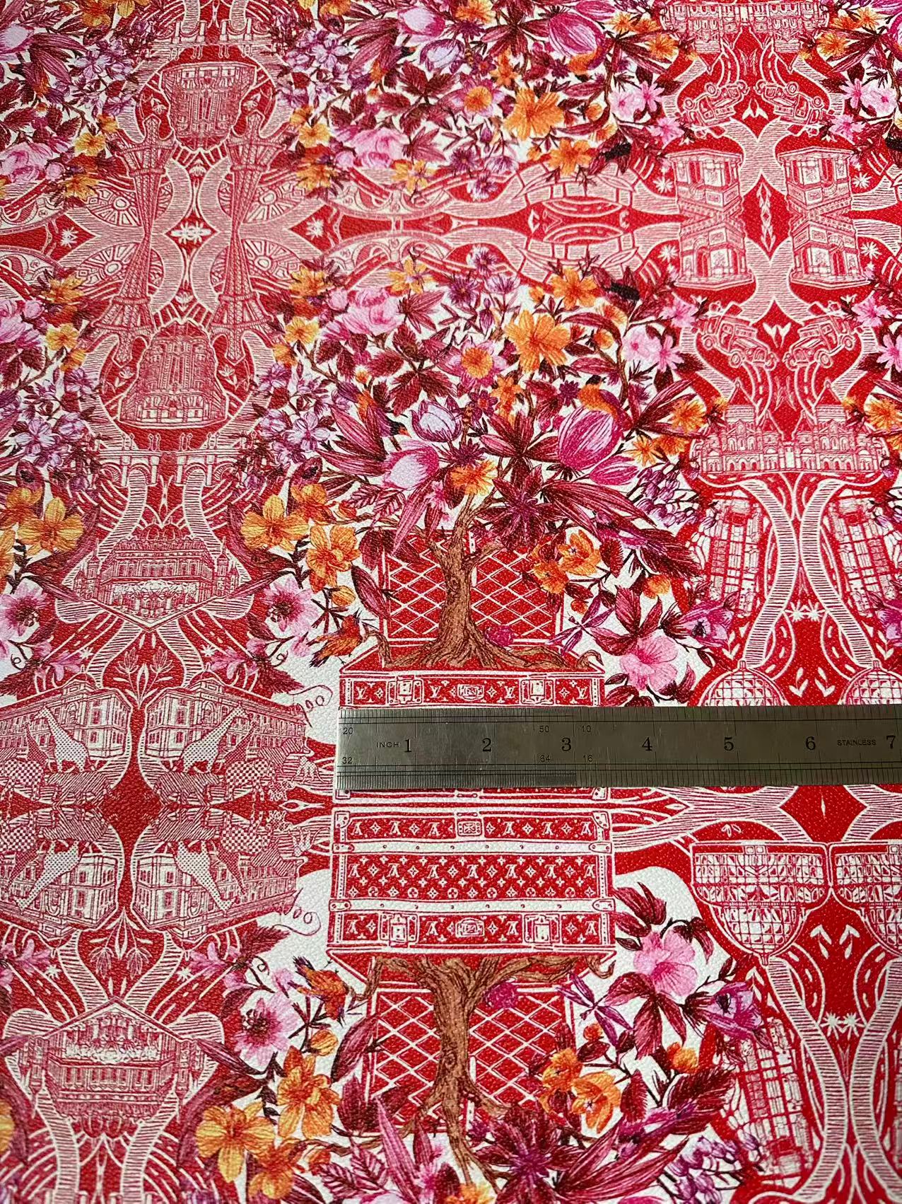 Fashion LV With Red Tree Leather Fabric For Handmade Sneaker, Bag,DIY Gift Goods By Yard