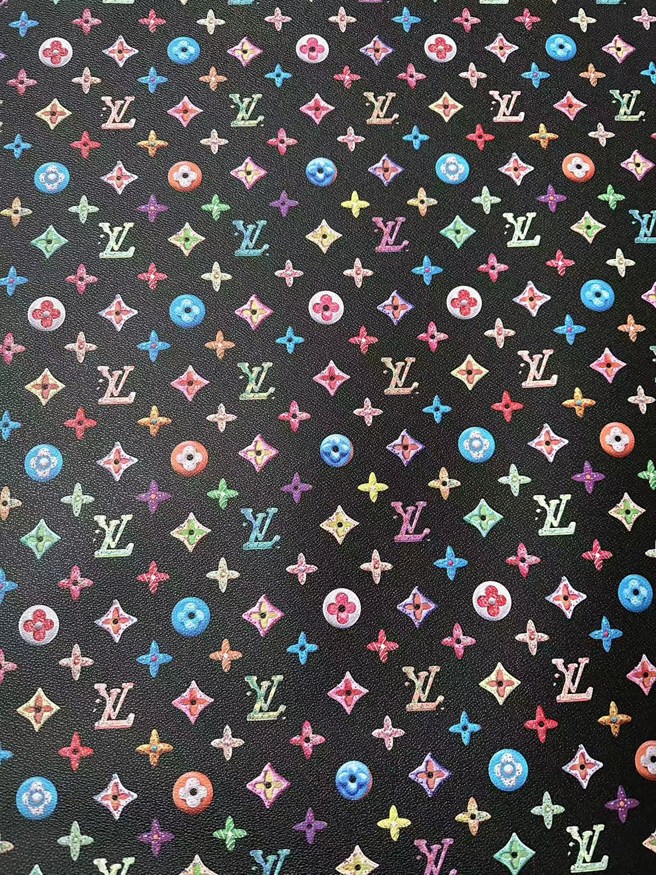 Black Colorful DIY Graffiti LV Leather Fabric For Sneaker, Shoes Upholstery Goods By Yard